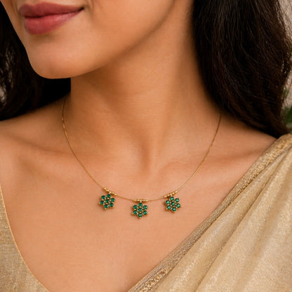 Emerald Green CZ Floral Necklace | Minimal Gold Invisible Chain Pendant | Delicate Everyday Jewelry | Bridesmaid Gift | Lightweight Indian N