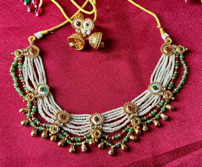 Elegant Multi Layer Pearl Choker Set with Jhumka Earrings | Antique Gold Indian Wedding Jewelry | Traditional Necklace Set | Bridal Necklace