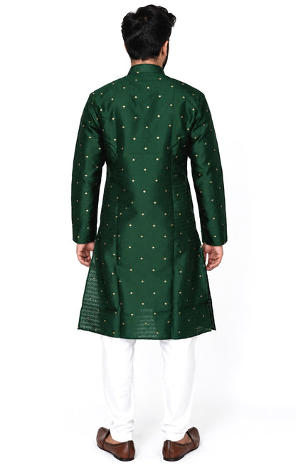 Men’s Bottle Green Jacquard Kurta Pajama Set, Golden Butti Brocade Kurta, Indian Wedding Outfit, Festive Ethnic Wear, Diwali outfit,