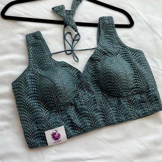 Charcoal Sequin Designer Blouse | Readymade Padded Saree Blouse 38-42 | Party Wear Sleeveless Blouse with Dori Bac | Lehenga top | Crop top