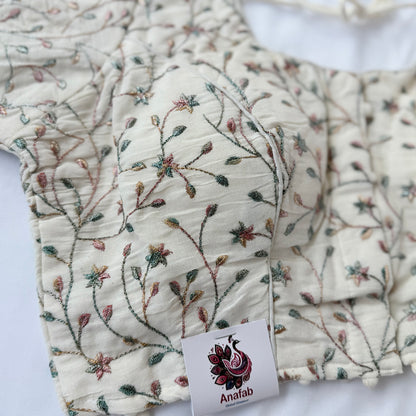 Ivory Khadi Cotton Blouse, Multicolor Floral Embroidered Saree Blouse, Front Open Ready Made Blouse, Indian Designer Blouse, Crop top,