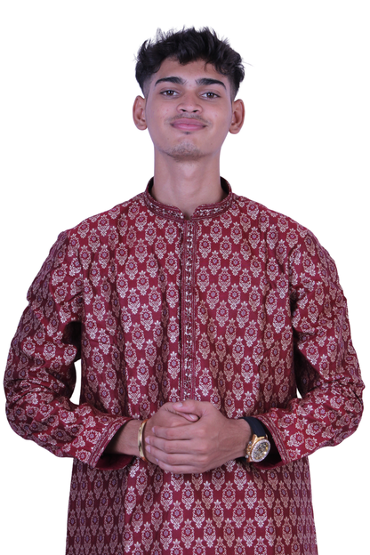 Elegant Maroon Brocade Men’s Kurta with White Pant | Festive & Wedding Wear Outfit