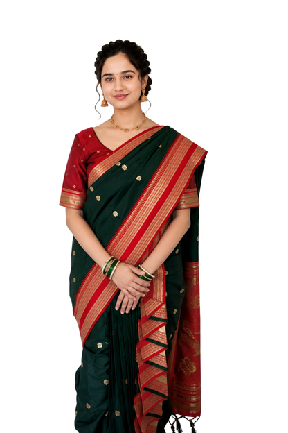 Ready to Wear Shahi Mastani Nauvari Saree | Bottle Green & Red Semi Silk Paithani | Fully Stitched 9 Yard Maharashtrian Saree with Blouse