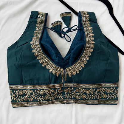 Teal Saree Blouse, Gold Zari Embroidered Blouse, Ready to Wear Indian Blouse, Sleeveless Designer Blouse, Wedding Festive Blouse, lehenga to