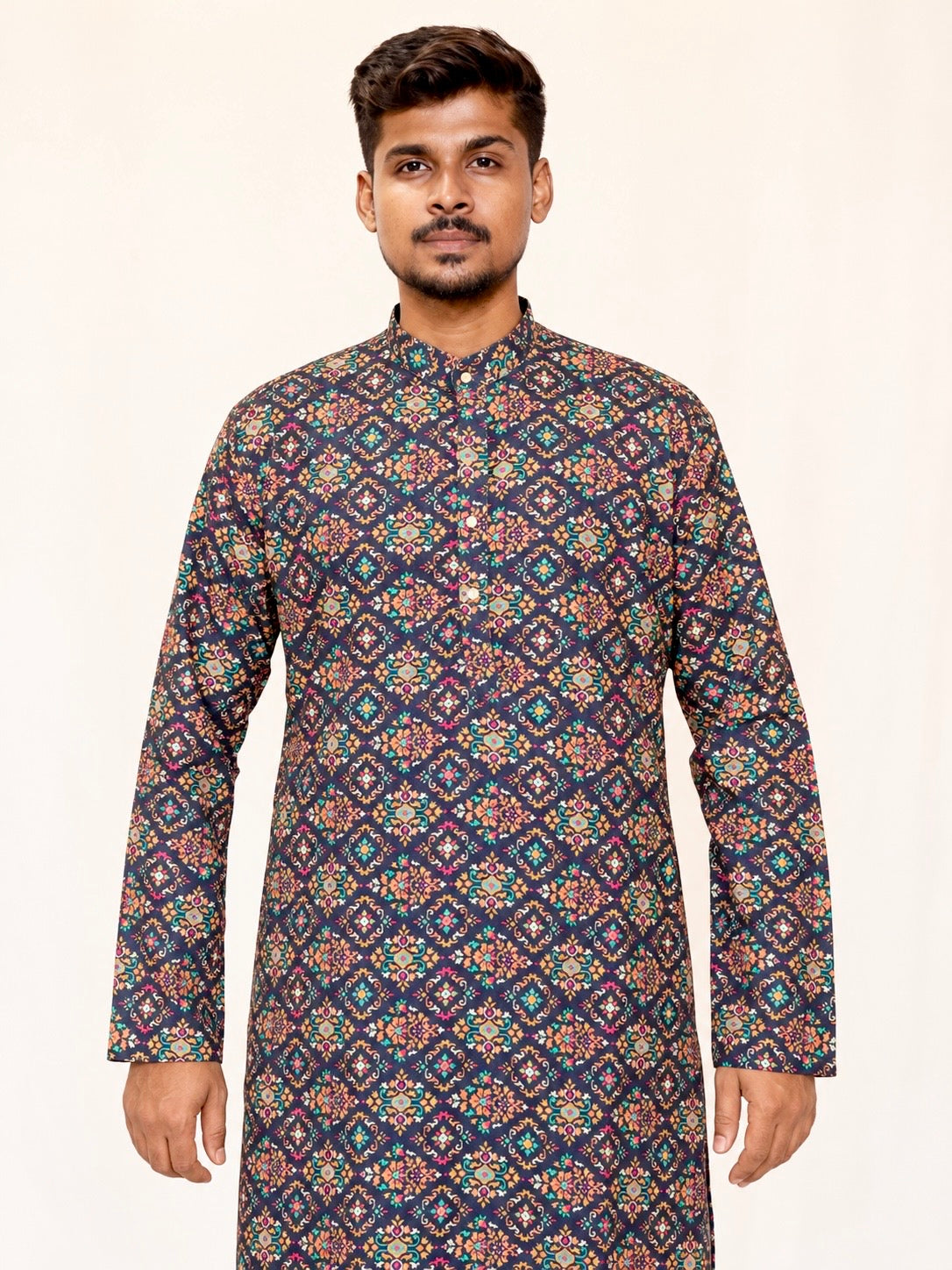 Men’s Printed Kurta Pajama Set, Navy Blue Multicolor Ethnic Kurta, Traditional Indian Outfit for Men, Diwali Outfit, Wedding Festive Wear,