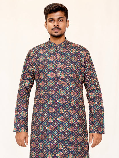 Men’s Printed Kurta Pajama Set, Navy Blue Multicolor Ethnic Kurta, Traditional Indian Outfit for Men, Diwali Outfit, Wedding Festive Wear,
