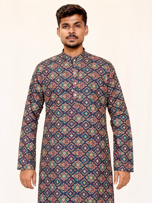 Men’s Printed Kurta Pajama Set, Navy Blue Multicolor Ethnic Kurta, Traditional Indian Outfit for Men, Diwali Outfit, Wedding Festive Wear,