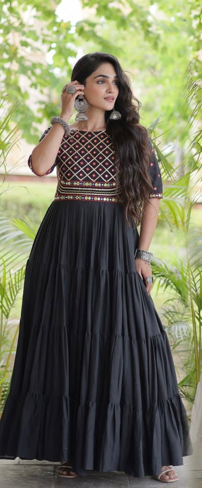 Navratri Black Gown for Women, Garba Dandiya Dress, Mirror Work Kora Cotton Gown, Embroidered Indian Festival Dress, 12 Meter Flair