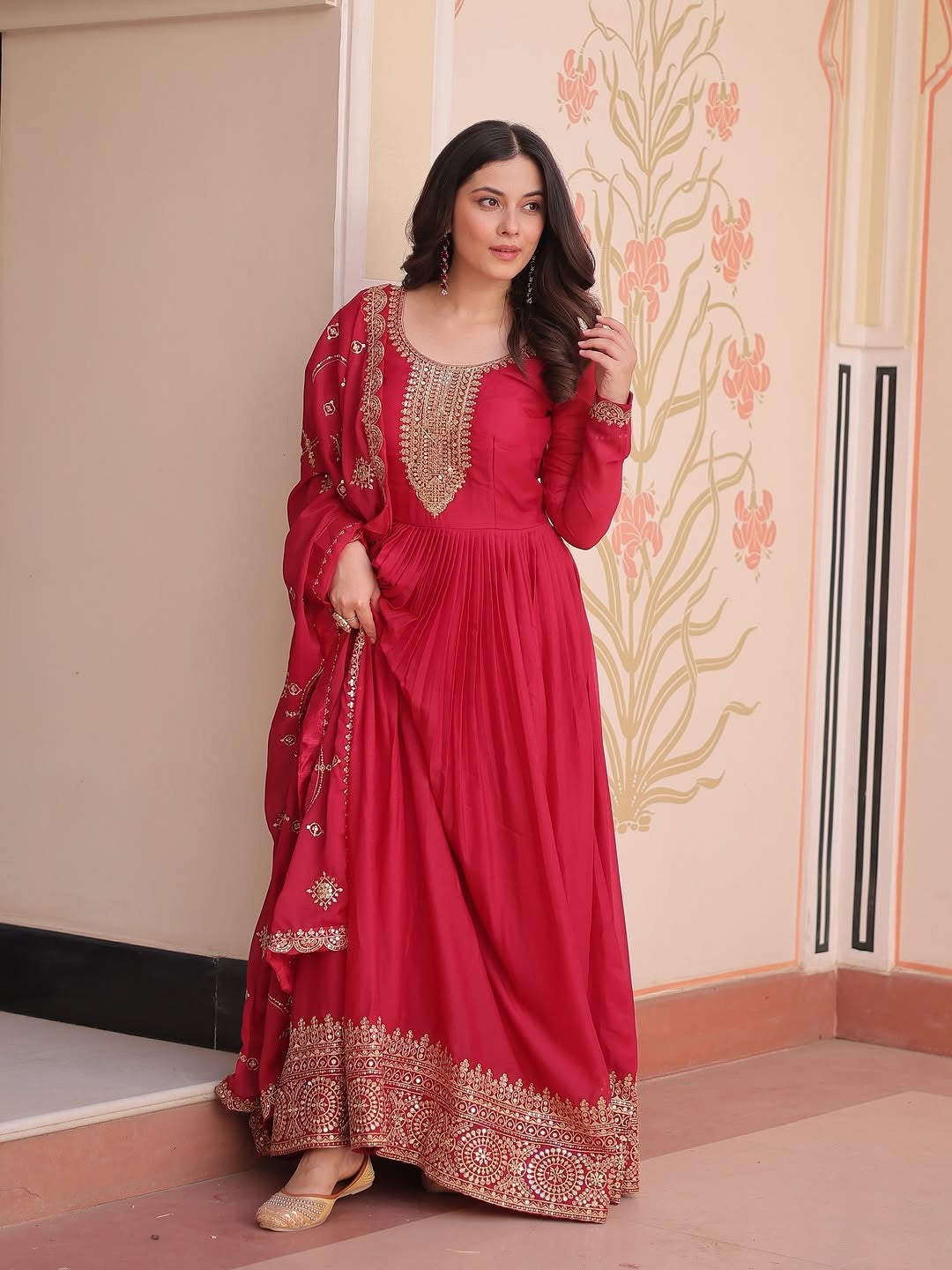Rani Pink Anarkali Gown with Dupatta, Georgette Embroidered Indian Dress, Zari Sequin Long Gown, Wedding Outfit for Women, festive Outfit