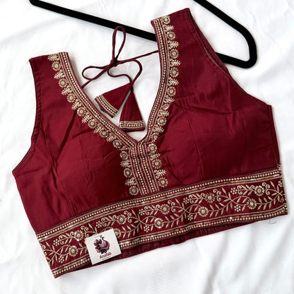 Maroon Saree Blouse, Gold Zari Embroidered Blouse, Ready to Wear Indian Blouse, Sleeveless Designer Blouse, Wedding Festive Blouse