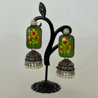 Green Oxidized Silver Handpainted Jhumka Earrings, Floral Indian Earrings, Pearl Drop Earrings, Ethnic Festive Jewelry, Oxidized earrings