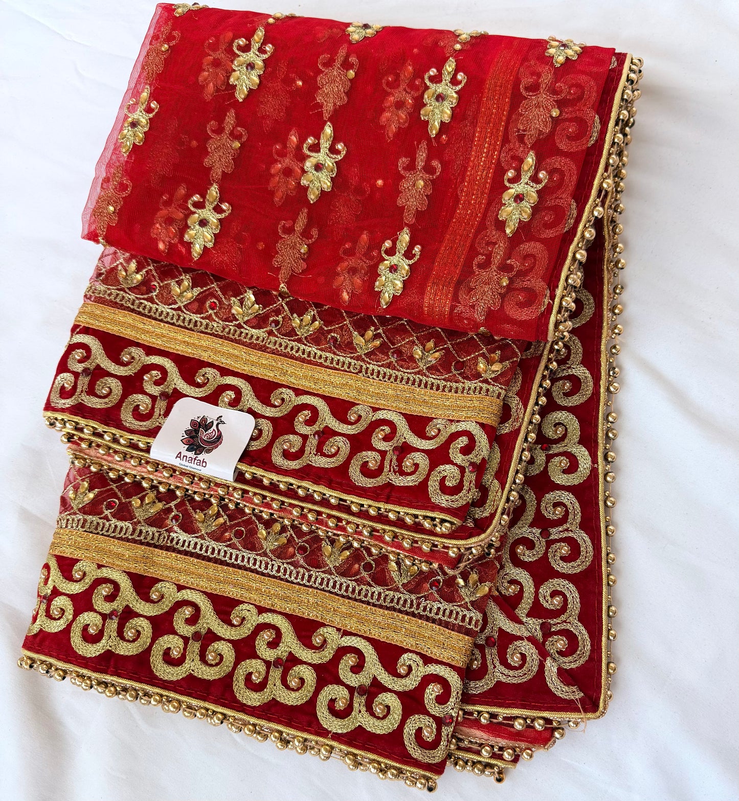 Red Bridal Net Dupatta with Heavy Zari Border | Indian Dulhan Chunni | Wedding Lehenga Dupatta | Embroidered Bridal Veil | Bride Odhani