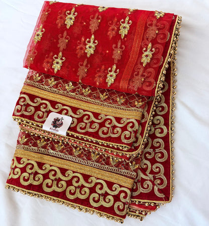 Red Bridal Net Dupatta with Heavy Zari Border | Indian Dulhan Chunni | Wedding Lehenga Dupatta | Embroidered Bridal Veil | Bride Odhani