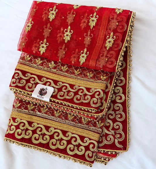 Red Bridal Net Dupatta with Heavy Zari Border | Indian Dulhan Chunni | Wedding Lehenga Dupatta | Embroidered Bridal Veil | Bride Odhani