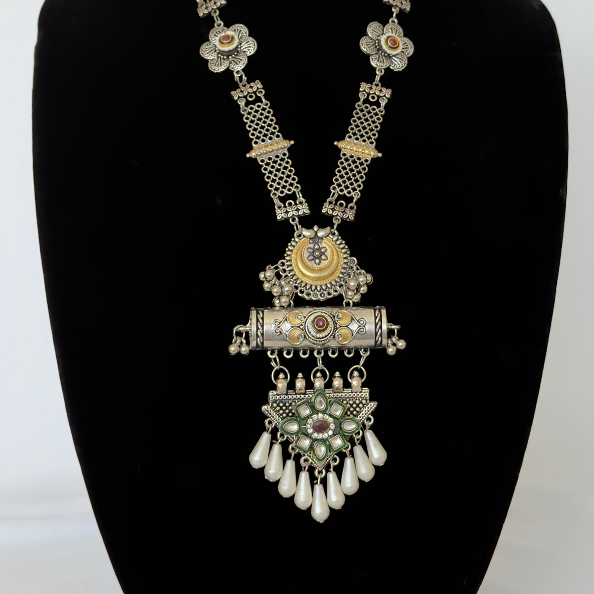 Oxidized Silver Long Necklace Set with Statement Pendant, Dual Tone Tribal Jewelry, Pearl Drop Earrings, Boho Indian Necklace, Festive Jewel