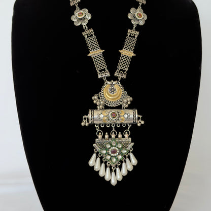 Oxidized Silver Long Necklace Set with Statement Pendant, Dual Tone Tribal Jewelry, Pearl Drop Earrings, Boho Indian Necklace, Festive Jewel