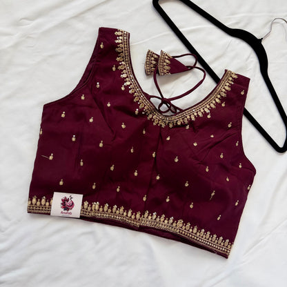 Wine Jacquard Saree Blouse, Gold Embroidered Designer Blouse, Deep Back Neck Blouse with Latkan, Ready to Wear Indian Blouse, Crop top
