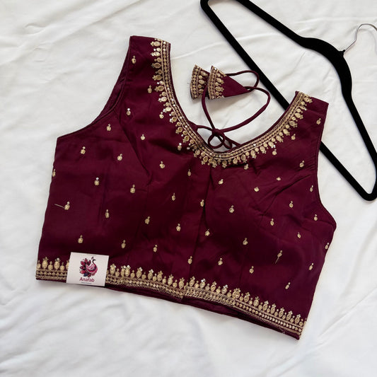 Wine Jacquard Saree Blouse, Gold Embroidered Designer Blouse, Deep Back Neck Blouse with Latkan, Ready to Wear Indian Blouse, Crop top