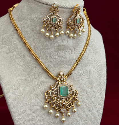 Turquoise CZ Polki Necklace Set with Pearl Drops, Indian Bridal Jewelry Set, Gold Tone Pendant Necklace, Statement Earrings, Party Wear Jew