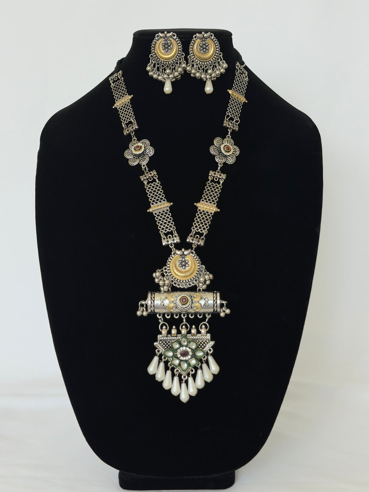 Oxidized Silver Long Necklace Set with Statement Pendant, Dual Tone Tribal Jewelry, Pearl Drop Earrings, Boho Indian Necklace, Festive Jewel
