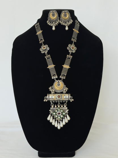 Oxidized Silver Long Necklace Set with Statement Pendant, Dual Tone Tribal Jewelry, Pearl Drop Earrings, Boho Indian Necklace, Festive Jewel