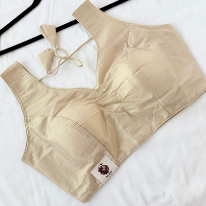 Beige Shimmer Tissue Saree Blouse, Ready to Wear Indian Blouse, V Neck Designer Choli, Sleeveless Wedding Blouse, Festive Blouse
