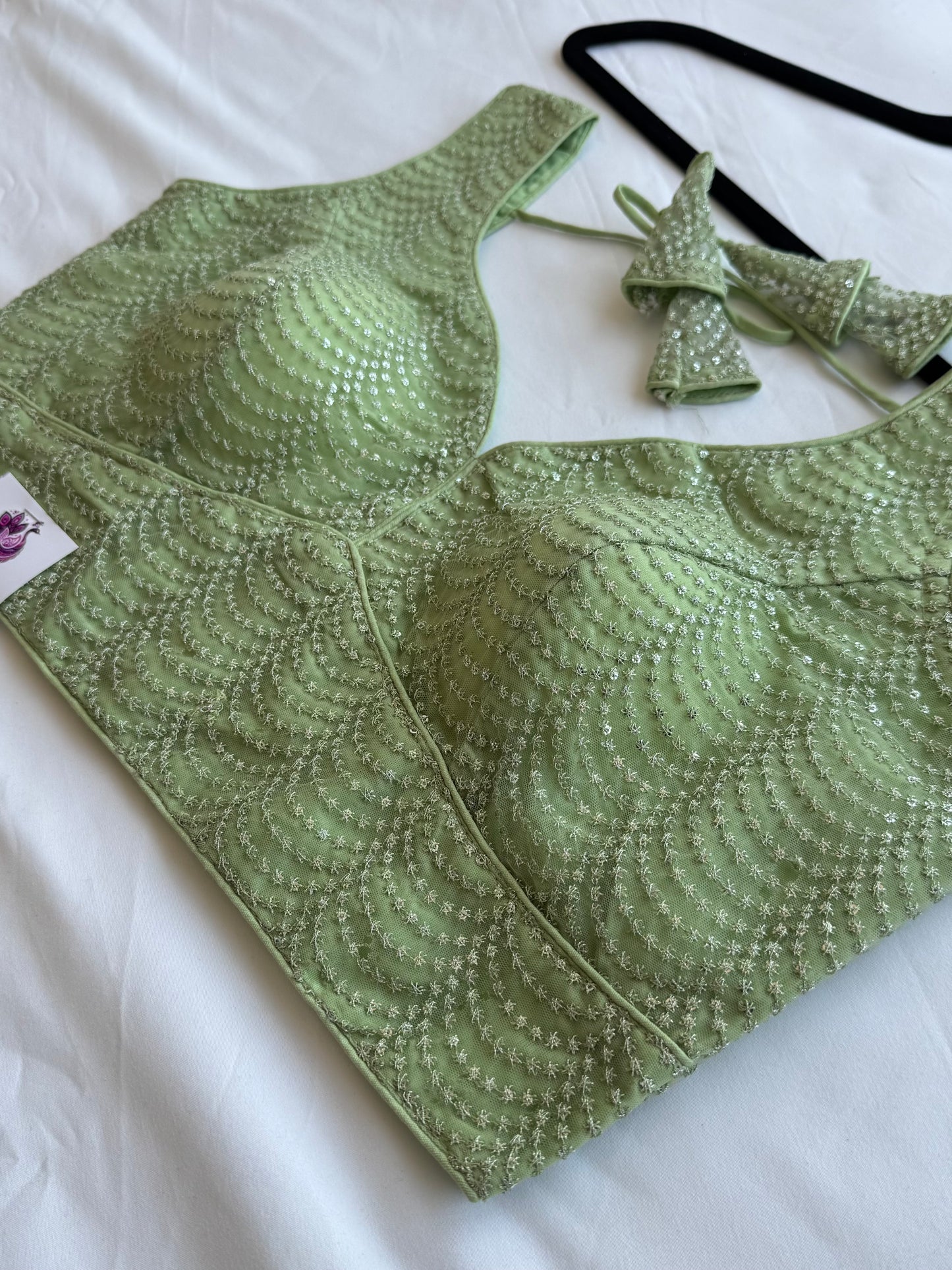 Mint Green Sequin Designer Blouse | Readymade Padded Saree Blouse | Elegant Party Wear Blouse with Tie Back | Size 38–42