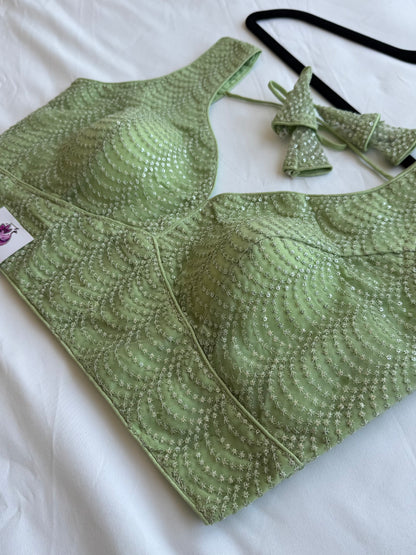 Mint Green Sequin Designer Blouse | Readymade Padded Saree Blouse | Elegant Party Wear Blouse with Tie Back | Size 38–42
