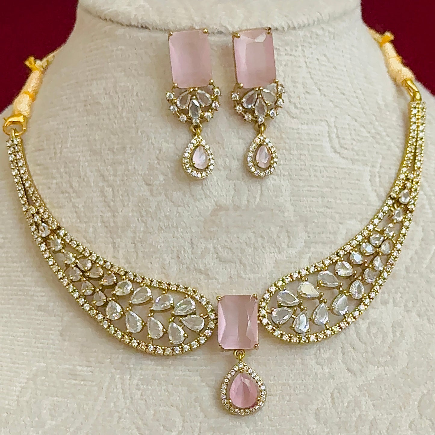 Blush Pink CZ Necklace Set for Women, Indian Wedding Jewelry Set, Gold Tone Statement Necklace, Bridal Party Jewelry, Pink Stone Earrings
