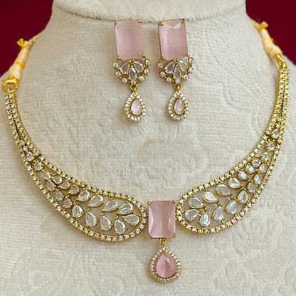 Blush Pink CZ Necklace Set for Women, Indian Wedding Jewelry Set, Gold Tone Statement Necklace, Bridal Party Jewelry, Pink Stone Earrings