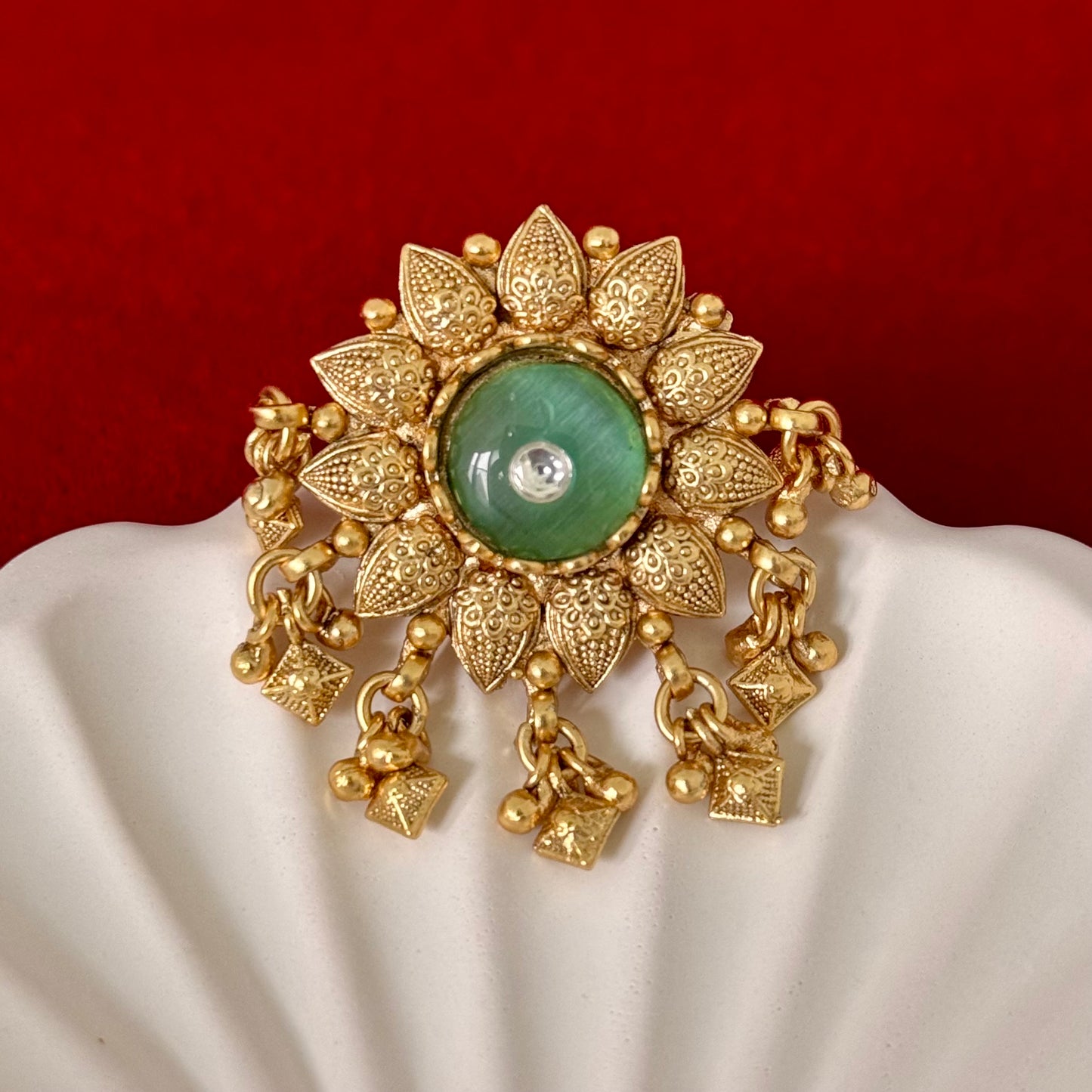 Vintage Brass Statement Ring, Heritage Floral Ring, Green Stone Adjustable Ring, Boho Ethnic Finger Ring, Indian Traditional Jewelry Gift fo