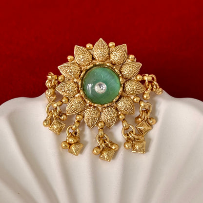 Vintage Brass Statement Ring, Heritage Floral Ring, Green Stone Adjustable Ring, Boho Ethnic Finger Ring, Indian Traditional Jewelry Gift fo