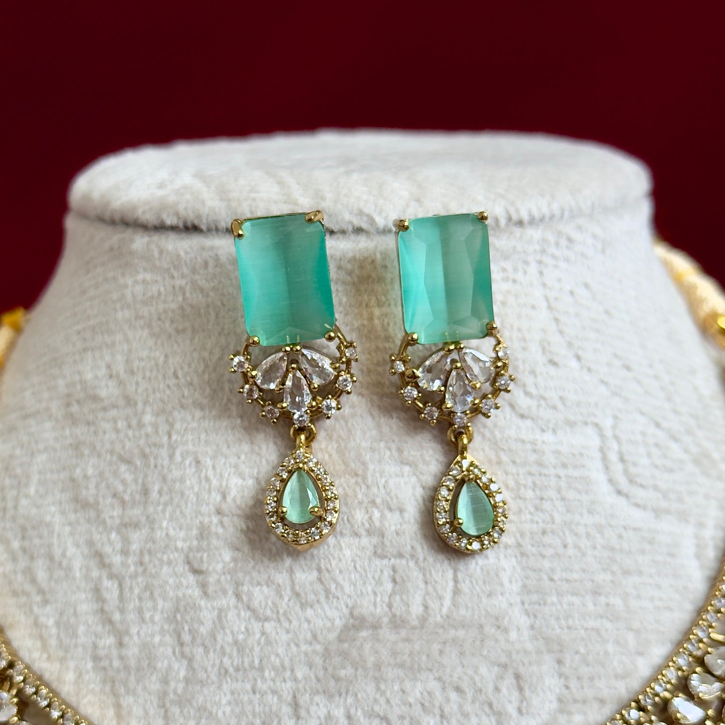 Turquoise CZ Necklace Set for Women, Gold Tone Statement Jewelry Set, Bridal Party Necklace Earrings Set, Indian Wedding Jewelry, Elegant P