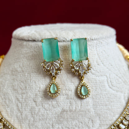 Turquoise CZ Necklace Set for Women, Gold Tone Statement Jewelry Set, Bridal Party Necklace Earrings Set, Indian Wedding Jewelry, Elegant P