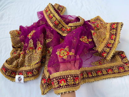 Purple Bridal Net Dupatta, Heavy Zardozi Wedding Dupatta, Dulhan Chunni, Designer Bridal Veil, Indian Wedding Lehenga Dupatta