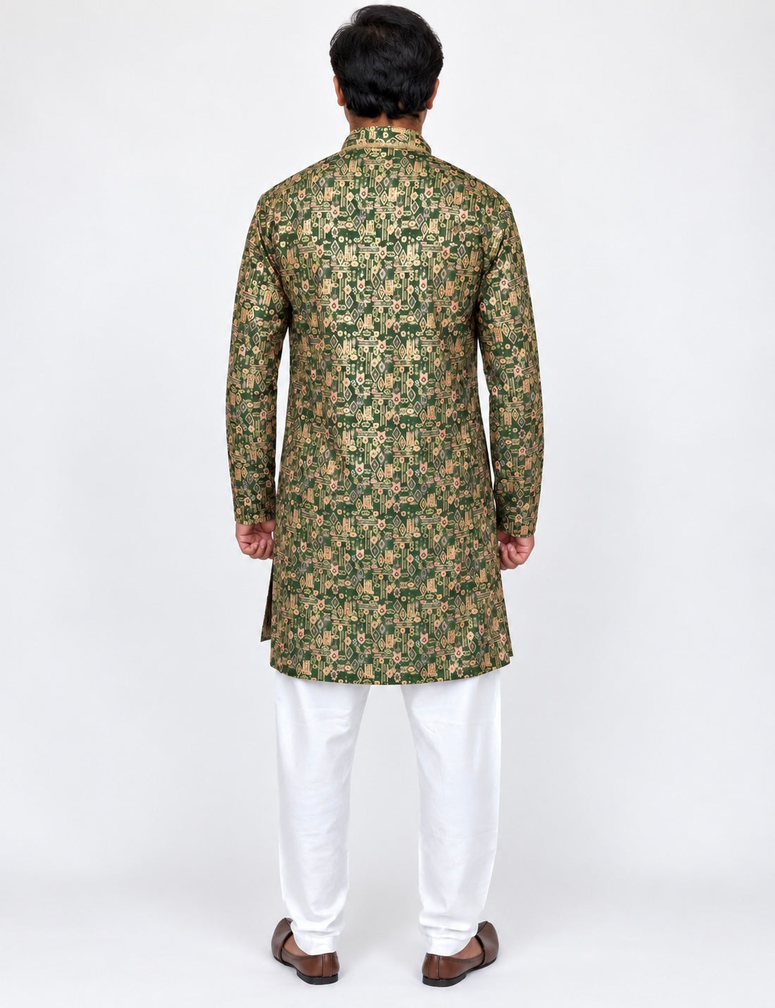 Men’s Green Printed Kurta Pajama Set, Armani Fabric Kurta with Golden Shine, Indian Ethnic Wear, Festive Diwali Wedding Outfit for Men