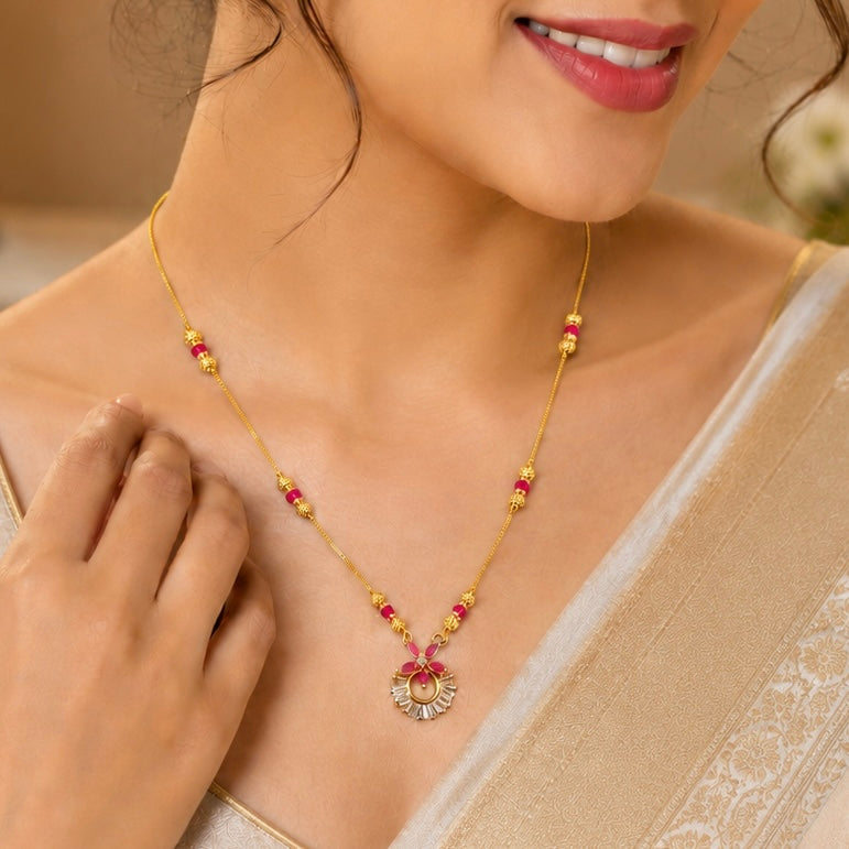 Minimal Ruby Pink Daily Wear Necklace for Women | Dainty Gold Tone Pendant Necklace | Indian Traditional Jewelry Gift | Party wear necklace