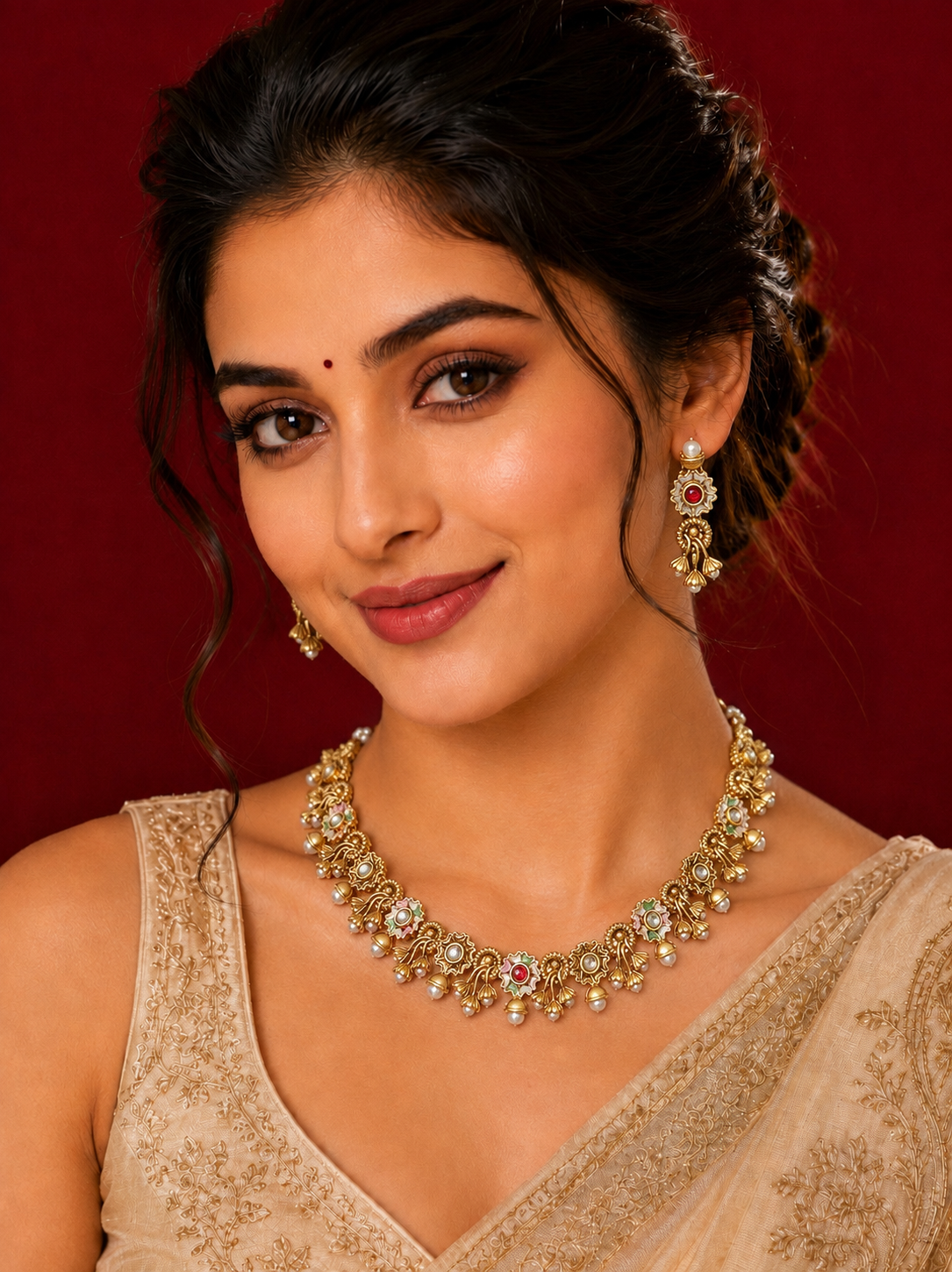 Majak Necklace Set | Antique Gold Floral Necklace Set | Pearl Drop Choker Necklace | Traditional Indian Jewelry | Wedding & Festive wear