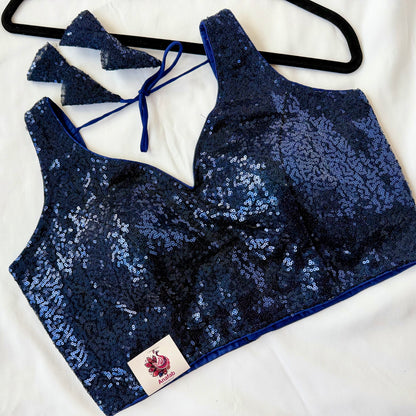 Blue Sequin Saree Blouse, Readymade Sleeveless Blouse, Padded Party Wear Blouse, Sparkly Indian Blouse, Wedding Blouse, Crop top