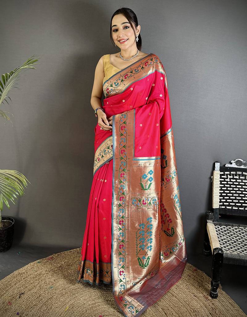 Rani Pink Semi Paithani Saree Soft Silk, Traditional Paithani Saree with Pink Border, Maharashtrian Wedding Saree, Festive Indian Saree