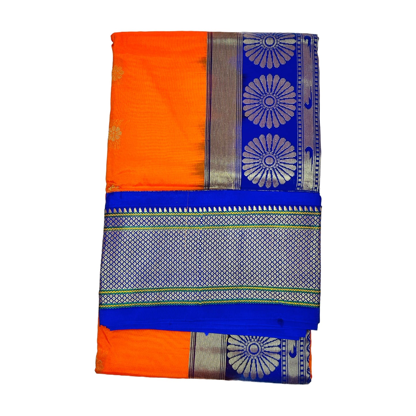 Dark Orange And Blue Kadiyal Semi Silk Paithani Saree