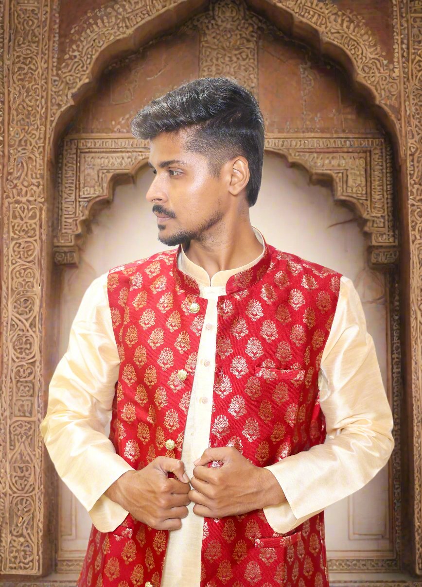 Designer_Maroon_Color_Mens_Jacquard_Kurta_Pajama_Jacket_3pc_Set_Back_Close_Up