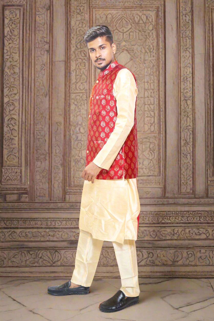 Designer_Maroon_Color_Mens_Jacquard_Kurta_Pajama_Jacket_3pc_Set_Side