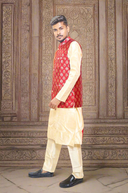 Designer_Maroon_Color_Mens_Jacquard_Kurta_Pajama_Jacket_3pc_Set_Side
