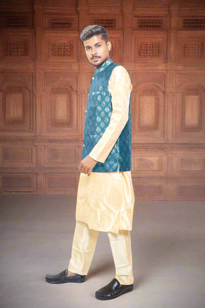 Designer_Rama_Green_Color_Mens_Jacquard_Kurta_Pajama_Jacket_3pc_Set_Side