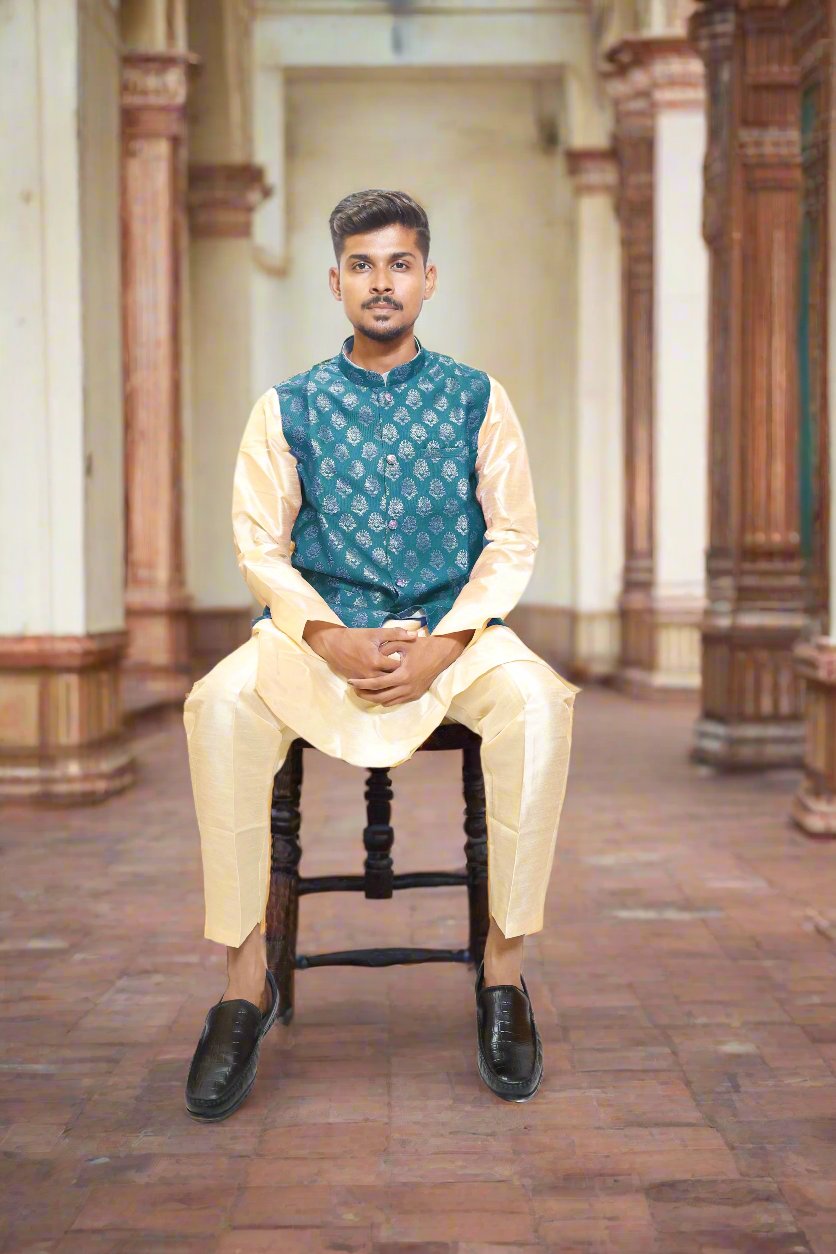 Designer_Rama_Green_Color_Mens_Jacquard_Kurta_Pajama_Jacket_3pc_Set_Sitting