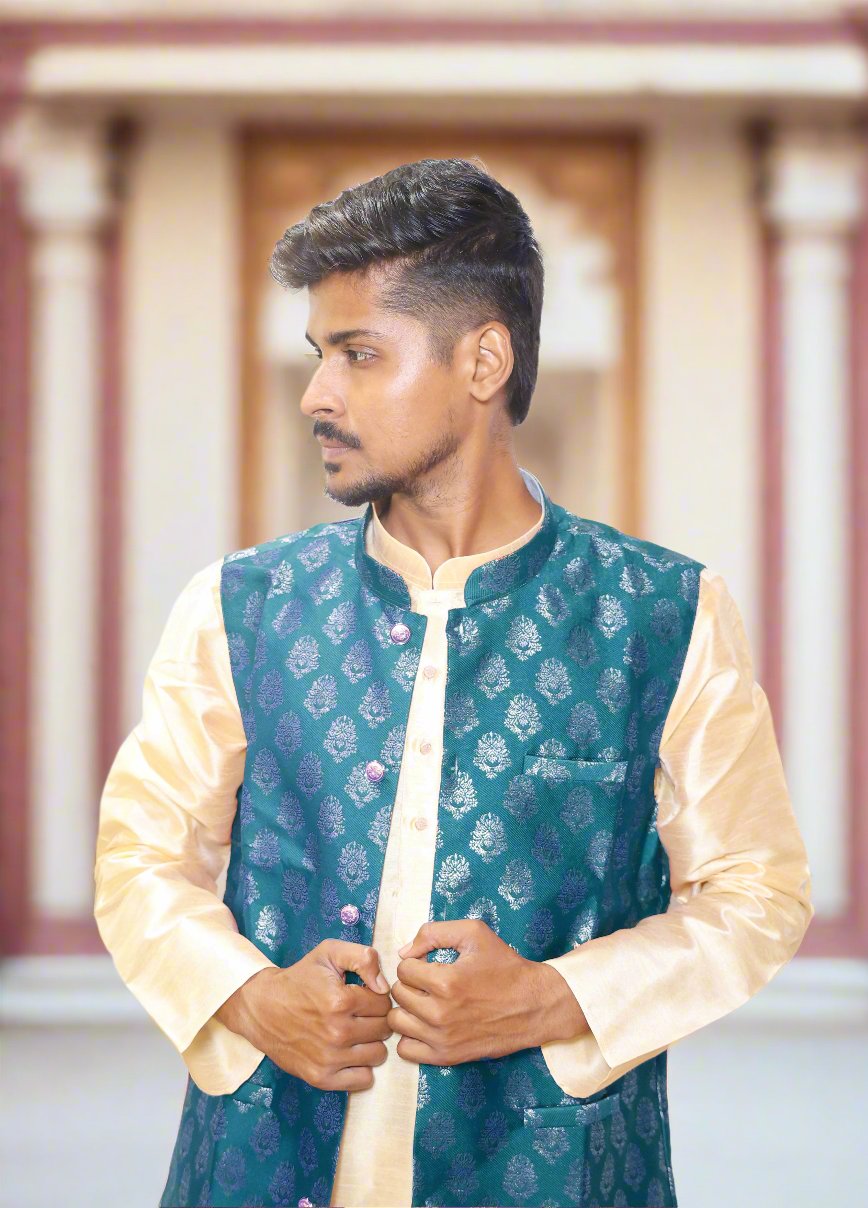Designer_Rama_Green_Color_Mens_Jacquard_Kurta_Pajama_Jacket_3pc_Set_cLOSEUP