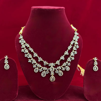 Diamond Look Bridal Necklace Set, Double Layer CZ Floral Necklace with Teardrop Drops, Indian Wedding Jewelry, Party Wear Set