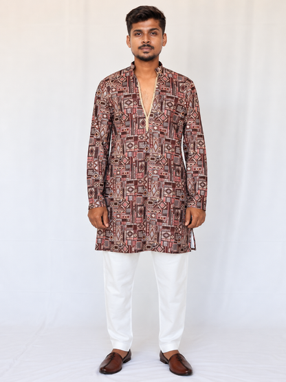 Men’s Maroon Brown Printed Kurta Pajama Set, Armani Fabric Geometric Print Kurta, Indian Festive Wear, Diwali Outfit, Men’s Navratri outfit