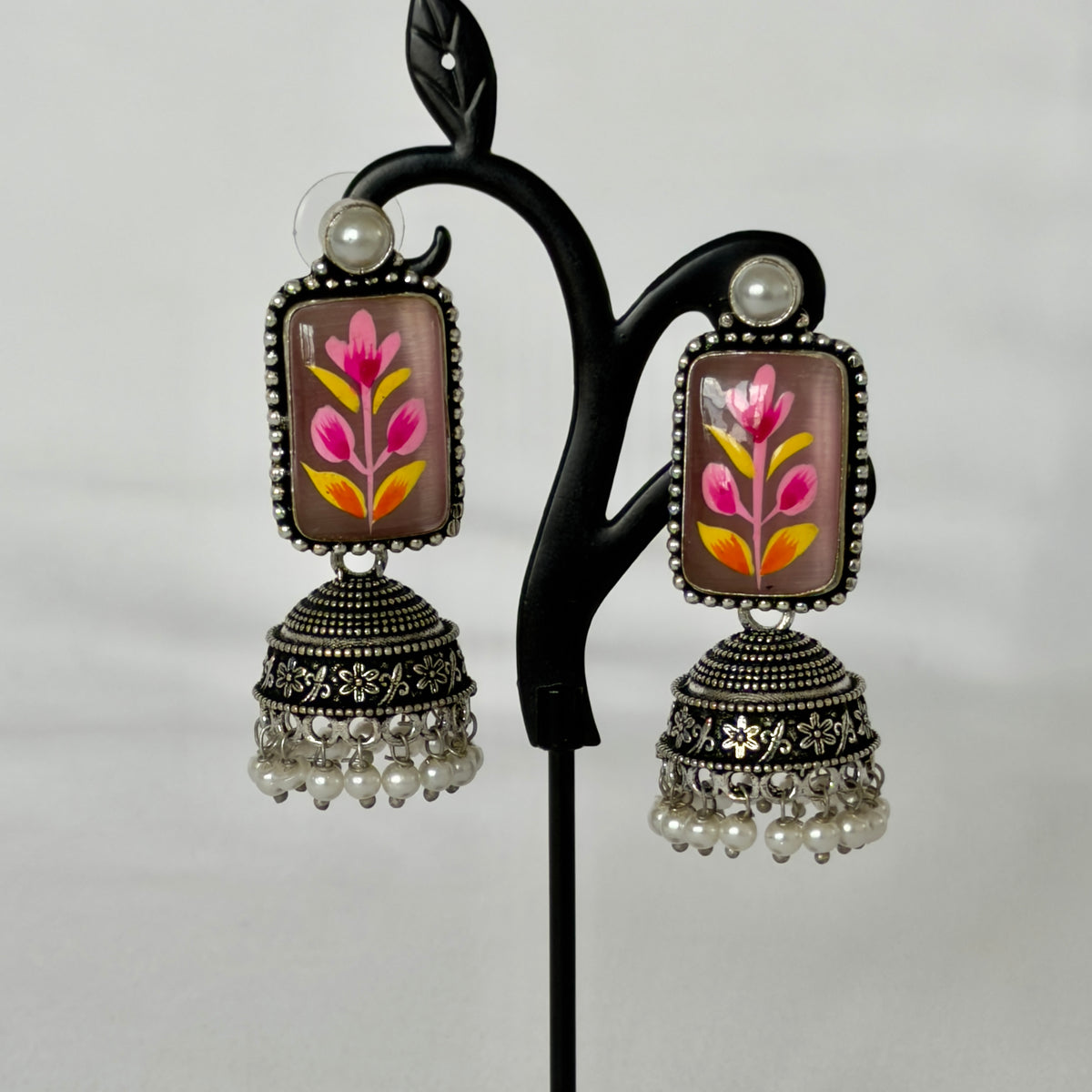 Oxidized Silver Hand Painted Mauve Floral Jhumka Earrings, Pink Flower Statement Earrings, Pearl Beaded Indian Earrings, Ethnic Jewelry